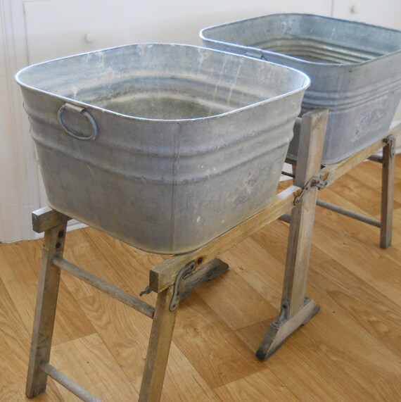 Vintage Galvanized Wash Tubs with Wood Wash Stand